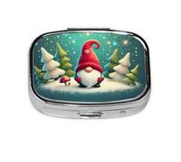 Christmas Traditional Gnome Mini Pill Box Metal Travel Medicine Organizer with 2 Compartments Pocket-Sized Pill Container
