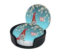 Christmas Traditional Gnome Print Chic Round Leather Coasters â€“ Set Of 6 Full-Print Coasters In A Premium Pu Leather Storage Box