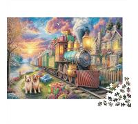 Christmas Train Cardboard Train with Two Puppies in Colorful Town Premium Jigsaw Puzzle Family Challenging Gift for Kids 38x26cm/1000pcs