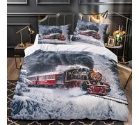 Christmas Train Comforter Cover 3D Print Hotel Quality 3-Piece Bed Set Hidden Zipper Vintage Holiday Scene Quilt Cover Extra Soft All Season for Adults Women Kids Girls Boys Teens Double（200x200cm）