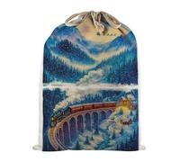 Christmas Train Extra Large Santa Sack - Watercolour Reusable Fabric Stocking Gift Bag for Xmas Presents with Drawstring Ties