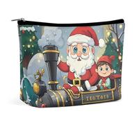 Christmas Train Makeup Bag, Portable PU Leather Cosmetic Bag with Zipper Pouch, Waterproof Travel Toiletry Bag for Women Men