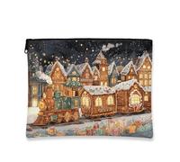 Christmas Train Makeup Bag, Vintage Gingerbread Village Cosmetic Travel Pouch for Women, Portable Small Canvas Zipper Organizer, Holiday Skincare Toiletry Bag, Green, 7x9 Inch, Train