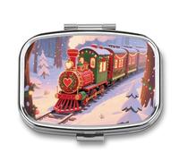 Christmas Train Pill Box 2 Compartment Square Metal Pill Organizer Portable Mini Travel Medicine Case with Mirror Cute Medicine Container Holder for Pocket Purse