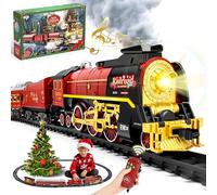 Christmas Train Set for around under The Tree, Electric Christmas Tree Train with Remote Sound Smoke Light, Steam Locomotive Xmas Train Toy Gift for Kids Children Boy Girl, Glowing Passenger Carriage