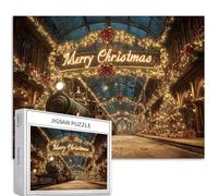 Christmas Train Station 1000 Piece Jigsaw Puzzles for Adults Glowing Banner Art Jigsaw Puzzle Challenging Family Activity Games Colorful DIY Craft Puzzle for Home Decor Gifts 27×20 Inches