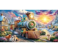 Christmas-Train-with-Santa-Hat 1000Pc Adult Jigsaws Puzzle Game Fun Present & Activity for Home Impossible Hard Difficult Educational Game Decompression 38x26/1000pcs