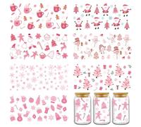Christmas Transfer Cup Wraps Decals - 8 Sheets Cute Pink Snowflake Gingerbread Man UV DTF Cup Wraps for 16 oz Glass Mugs, Snowman Candy Santa UV DTF Decals for Christmas Handicrafts Decoration Gifts