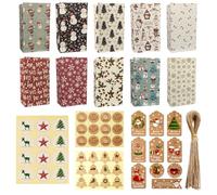 Christmas Treat Bags 10 PCS Advent Bags Christmas Paper Gift Bag 60 PCS Stickers 50 Sets Hang Tag Cards for Packaging Cookies Candies Snacks Lunch and Party Gifts