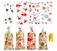Christmas Treat Bags, 120 PCS Christmas Cellophane Treat Bags, Xmas Gift Bag, Plastic Clear Santa Claus Snowflake Candy Cookie Goodie Holiday Snack Bag with Twist Ties for Xmas Party Favor Supplies