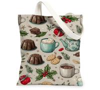 Christmas Treats Canvas Tote Bags, Holiday Desserts Pattern Reusable Grocery Bags, Winter Cozy Vintage Lightweight Washable, Beige, 13x15 Inch
