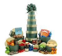 Christmas Treats Gift Tower - Green & Gold 6-Tier Tower with Chocolates, Cookies, Fudge & More - Christmas Hamper for Friends, Family or Corporate Clients