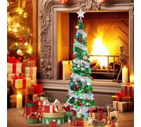 Christmas Tree, 150cm/5ft Pop-Up Foldable ChristmasTree with 5m Timer Light 20 Christmas Balls Artificial Sequin Christmas Tree Christmas Decoration with Stand Foldable and Reusable (C)