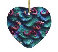 Christmas Tree 3D Magical Dragon Scales Pattern Print Heart Shaped Ceramic Ornaments,Holiday Creative Home Decoration