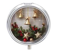 Christmas Tree and Bells Pill Box 3 Compartment Small Pill Case with Mirror for Purse & Pocket Travel Medicine Organizer Daily Medication Container Portable Pillbox Metal Medicine Box Round Meds Case