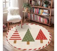 Christmas Tree Area Rug, Festive Holiday Stripes Polka Dots Christmas Green Non-Slip Backing Edge Binding Doormat Throw Rug Circle Bathroom Doorway Entryway Bedside Decor 4' x 4'