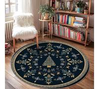 Christmas Tree Area Rug, Winter Traditional Snowflakes Ornaments Christmas Navy Blue Low Pile Edge Binding Doormat Throw Rug Circle Entryway Bathroom Laundry Room Bedside Decor 4' X 4'