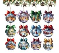 Christmas Tree Bauble Ornament Set, 2D 12-Piece Wooden Reindeer Car Pendant, Christmas Tree Bauble Pendant - For Birthday Party, Student Offices, Home, Classroom, School, Dorm, Apartment