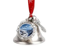 Christmas Tree Bells Ornaments with Red Ribbon - Spectacular Snowy Mountains Silver Metal Jingle Bells with Pendants, Vintage for Xmas Decor, Holiday Mantel and Wreath Decorations