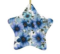 Christmas Tree Blooming Blue Daisy Ceramic Hanging Star Shape Ornaments with Gold Ribbon Personalized Christmas Ornaments for Xmas Tree Holiday Home Wall Window