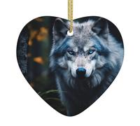 Christmas Tree Blue Eyes Wolf1 Print Heart Shaped Ceramic Ornaments,Holiday Creative Home Decoration