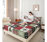 Christmas Tree Bowknot Kids Double Size Fitted Sheet,Snowflake Poinsettia Boys Girls Bed Sheets,Geometric Stripe Plaid Patchwork Room Decor,Green Bedding Set,2 Pillowcases(No Flat)