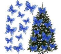 Christmas Tree Butterfly Ornaments Royal Blue Glitter Butterfly Decorations Artificial Butterflies with Clip & Stem for Xmas Party Wreath Garland Decor - 12-Pack 5inch 3D Hollow Butterflies