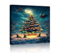 Christmas Tree Canvas Prints Snowy Mountain Moonlight Wall Art Santa Sleigh Reindeer Winter Scene Wall Decor for Living Room Bedroom 70x70cm Innerframe