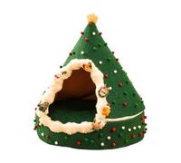Christmas Tree Cat Cave, Green Cone Shaped Enclosed Pet Bed | A cone-shaped green hideaway styled like a decorated Christmas tree, with a soft-looking trim around the entrance for cats