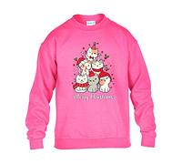 Christmas Tree Cat Mens Sweatshirt Xmas Boys Pullover Party Meow Kitten Jumper Funny Santa Novelty Unisex Gift Girls Kids Sweat Top Printed Design Safety Pink - Youth Medium (Age 7-8)