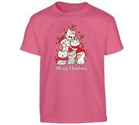 Christmas Tree Cat Mens T-Shirt Xmas Party Meow Kitten Funny Santa Novelty Unisex Gift Boys Girls Kids Tshirt Printed Design Heliconia - Youth Medium (Age 7-8)