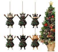 Christmas Tree Cat Pendants - 6 Pieces Cat Ornaments for Christmas Tree | Cute 2D Wooden Hangable Kitten Decorations | Rustic Animal Seasonal Decor for Home Parties Supplies