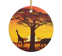 Christmas Tree Ceramic Hanging, Christmas Tree Decoration Baubles, Christmas Round African Animal Sunset Pendant, Anniversary Pendant, Printed Pendant