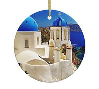 Christmas Tree Ceramic Hanging, Christmas Tree Decoration Baubles, Christmas Round Santorini Greek Island Sea View Pendant, Anniversary Pendant, Printed Pendant