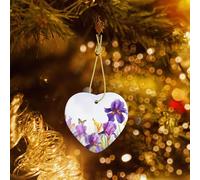 Christmas Tree Ceramic Hanging Heart Shape Ornaments Iris Flower Butterfly Printed Christmas Ornaments with Gold Ribbon Ceramic Hanging Crafts for Xmas Holiday Party Decorations