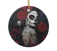 Christmas Tree Ceramic Hanging Ornament – Round Xmas Holiday Decor with Double-Sided Day of the Dead Girl Print