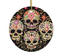 Christmas Tree Ceramic Hanging Ornament – Round Xmas Holiday Decor with Double-Sided Day Of The Dead Skull Print