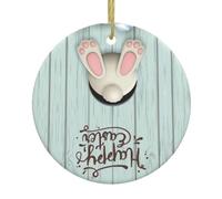Christmas Tree Ceramic Hanging Ornament – Round Xmas Holiday Decor with Double-Sided Happy Easter Eggs Bunny Tail Print