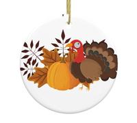 Christmas Tree Ceramic Hanging Ornament – Round Xmas Holiday Decor with Double-Sided Happy Thanksgiving Turkey Pumpkin Print