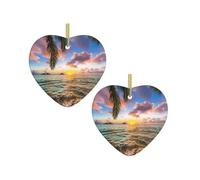 Christmas Tree Ceramic Love Pendant Palm Tree Sunset Beach Print Hanging Pendant Ornaments, Xmas Holidays Decoration