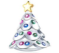 Christmas Tree Charms fit Pandora Xmas Bracelet, 925 Sterling Silver Family Tree Charms Colourful Christmas Decoration CZ Beads with Golden Star, Gifts for Mum/Grandma/Sister