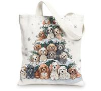 Christmas Tree Cockapoo Dog Canvas Tote Bag for Shopping 13 * 15, Xmas Snow Snowflakes Puppy Reusable Grocery Bag for Women, Fun Kid Aesthetic Painting Gift Decor