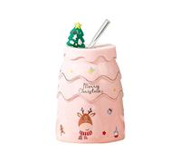 Christmas Tree Coffee Mug with Glasses Straw and 3D Lid, Ceramic Christmas Cups, Festival Cute Xmas Mugs, Drink Winter Coffee Hot Coco Mug, Novelty Mugs Gift for Thanksgiving Day Christmas (Pink)
