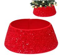 Christmas Tree Collar Glitter Round 24inch Decorative Christmas Tree Skirt Fastening Tape Foldable Ornament for Home Party, Red, Xmas Decors