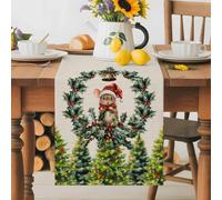 Christmas Tree Cute Animal Table Runner 72 Inches Long, Vintage Beige Green Washable Table Runners Heat-Insulation Kitchen Dining Table Decorations for Home Party Decor 13x72in