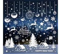 Christmas Tree Decals - White Snowflake Xmas Window Stickers, Double Sided Scene for Glass