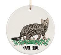 Christmas Tree Decoration 7.3 cm, Funny Personalized Name Bengal Cat Silver Christmas Baubles Double Sided Ceramic Hanging Unique Ceramic Xmas Ornament For Home Decorations Family Holiday