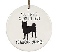 Christmas Tree Decoration 7.3 cm, I Love Coffee And Norwegian Buhund Silhouette Ceramic Hanging Novelty Ceramic Xmas Ornament Double Sided Christmas Baubles For Party Family Holiday