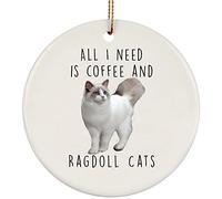 Christmas Tree Decoration 7.3 cm, Ragdoll Cat White Funny Ceramic Xmas Ornament Keepsake Ceramic Hanging Novelty Round Ceramic Pendants For Home Decor Christmas Holiday