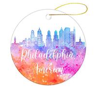 Christmas Tree Decoration 7.3cm, America-Philadelphia City View Silhouette Ceramic Hanging Unique Ceramic Xmas Ornament Double Sided Christmas Baubles For Family Party Gift